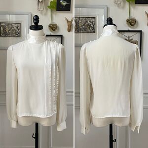 Vintage Ivory Voile Mock Neck Blouse Pleats S